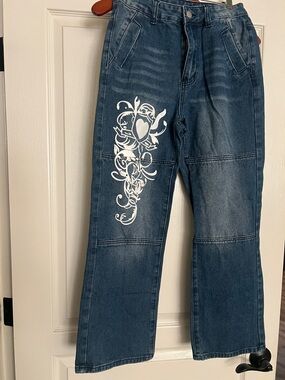 Blue Flared Jeans with White Floral Heart Print